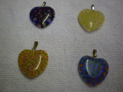 Heart pendant focals, millefiori, less chain.